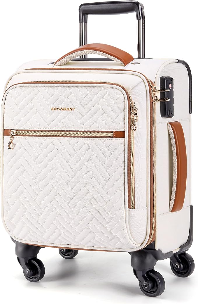 BAGSMART Underseat Carry On luggage Airline Approved, 16-inch Small Softside Underseater Travel Suitcase with Spinner Wheels Overnight Bag Small Rolling Carry-on for Women Men Weekender,Beige