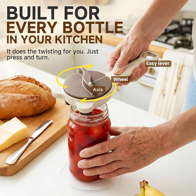 2026 Upgraded 4-in-1 Jar Opener - Adjustable Stainless Steel Lid Remover for Seniors & Arthritis Sufferers, Fits Kitchen Jars, Bottles & Cans Brown(2Pcs)