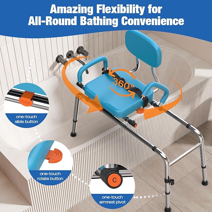 Sliding Shower Chair Tub Transfer Bench with Swivel Seat, 450lbs Shower Chair for Elderly and Disabled, Adjustable Height and Arms Width Bath Transfer Benches for Bathtub