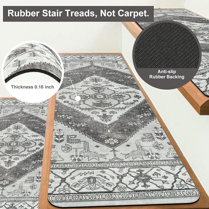 OJIA Extra Non-Slip Stair Treads for Wooden Steps Indoor 15PC Stair Runners | 30"X8" Slip Resistant Stair Rugs Safety Mats for Dogs, Kids & Elders, Rubber Backed Stair Treads Stair Covers, Gray