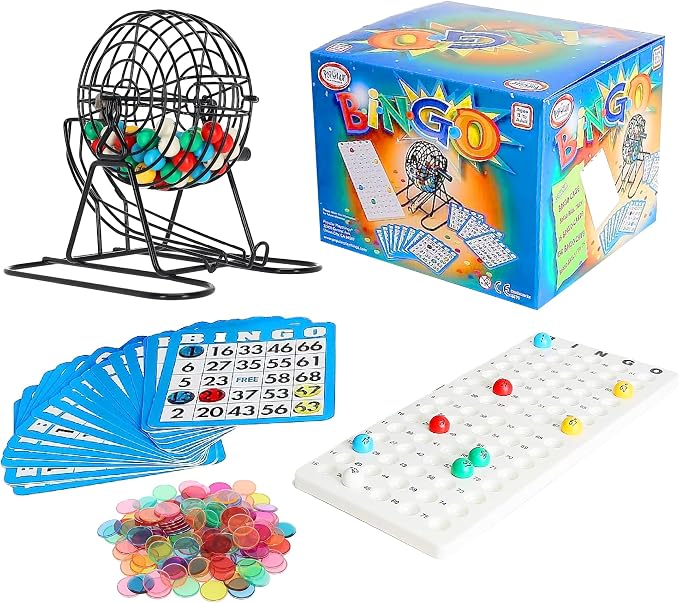 Popular Playthings Deluxe Bingo Game Set, Metal Cage with Reusable Cards and Marker Chips, Board Game Set for Adults and Kids - 18 Cards & 150 Chips