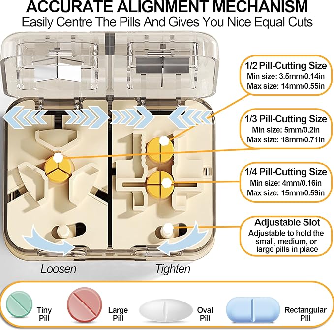 Pill Cutter Splitter for Tiny Small Large Pills - 1/2 1/3 1/4 Pill Splitter with Storage for Multiple Pills Cutting - Accurate Alignment Adjustable Pill Organizer