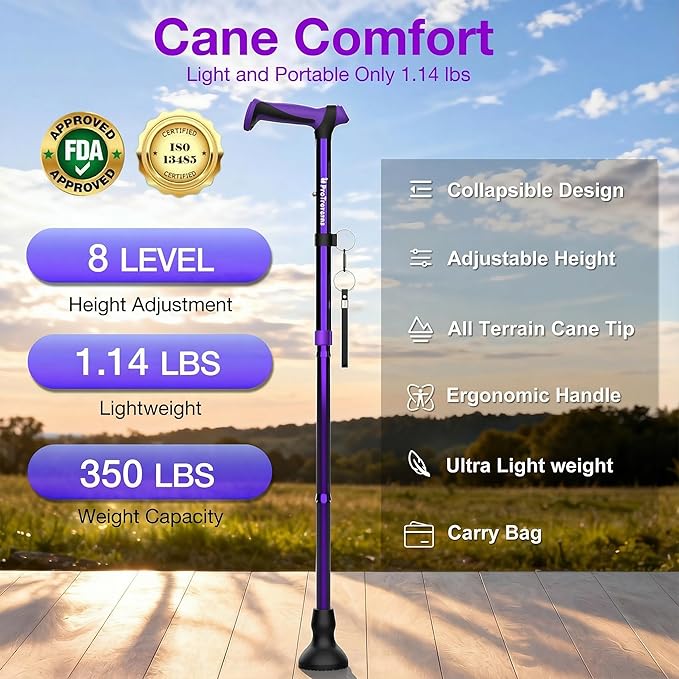 Walking Cane for Men & Women,Foldable,Adjustable,Self Standing Cane with Wrist Strap&Tag,350lbs Heavy Duty,All Terrain,Collapsible Walking Sticks for Seniors & Adults,Purple