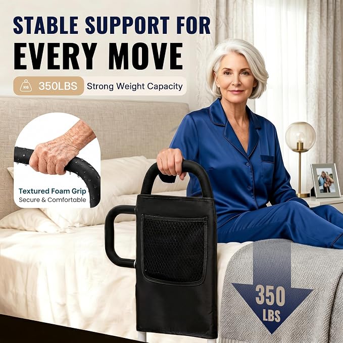 Bed Rails for Elderly Adults - ASTM Approved Adjustable Bed Cane with Non-Slip Ergonomic Handle & Storage Pocket, Bed Railings for Seniors Hold up to 350 LBS, Tool-Free