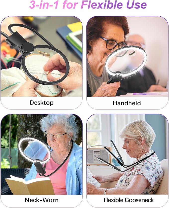 5X 15X Hands Free Magnifying Glass with Light for Reading 3 Color 48 LEDs, Neck Wear Magnifier with Light Hands Free for Reading Books, Crafts, Cross Stitch, Sewing, Close Work, Seniors, Low Vision