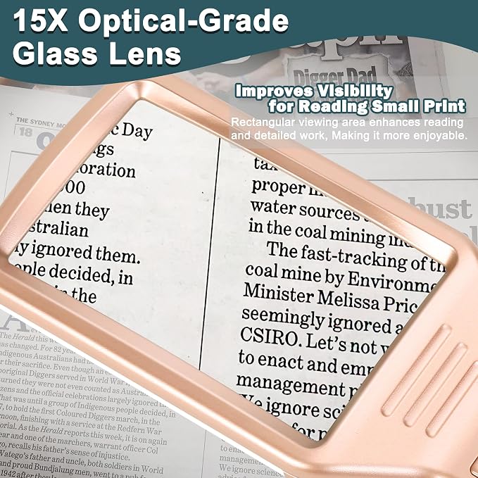 15X Rechargeable Magnifying Glass with Light, Real Glass Page Lens, 3 Color Modes Stepless Dimmable, Lighted Handheld Magnifier for Reading Small Prints, Seniors with Low Vision - Rose Gold