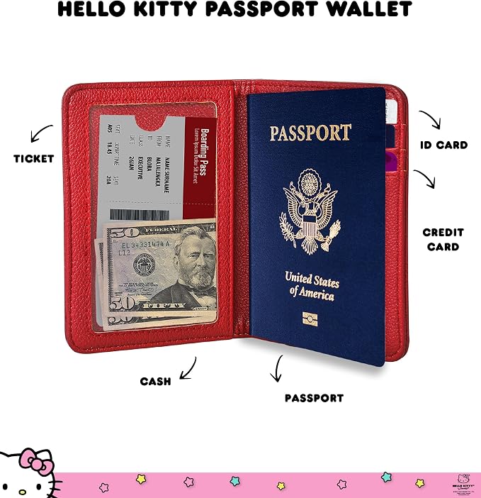 Hello Kitty Passport Holder for Travel Women Official License, Burgundy Red | Passport Cover, Sanrio Gifts