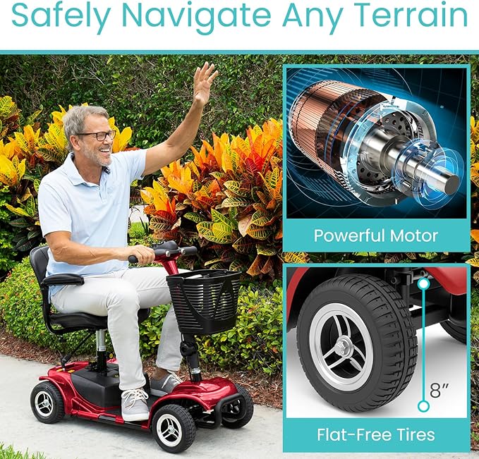 Vive 4 Wheel Mobility Scooter - Electric Powered Wheelchair Device - Compact Heavy Duty Mobile for Travel, Adults, Elderly - Long Range Power Extended Battery with Charger & Basket