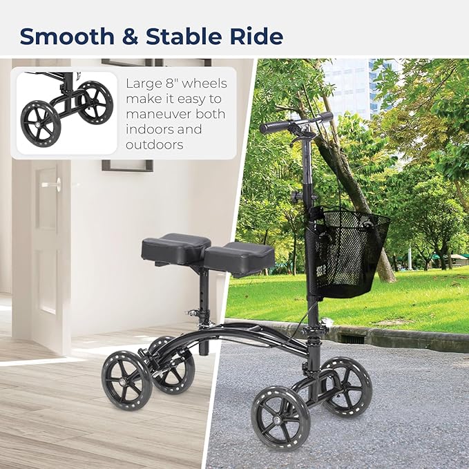 Drive Medical 796 Adjustable Height Steerable Knee Walker Knee Scooter Leg Walker Crutch Alternative, Dual Pad with Basket and Hand Brake 350 Pound Weight Cap