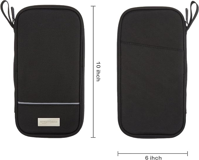 Amazon Basics RFID-blocking Passport Wallet, Passport Holder for Travel, Polyester/Nylon Material with Durable Zipper Closure, Zippered Pockets, Slots for Cards, 10"x5", Black, Solid