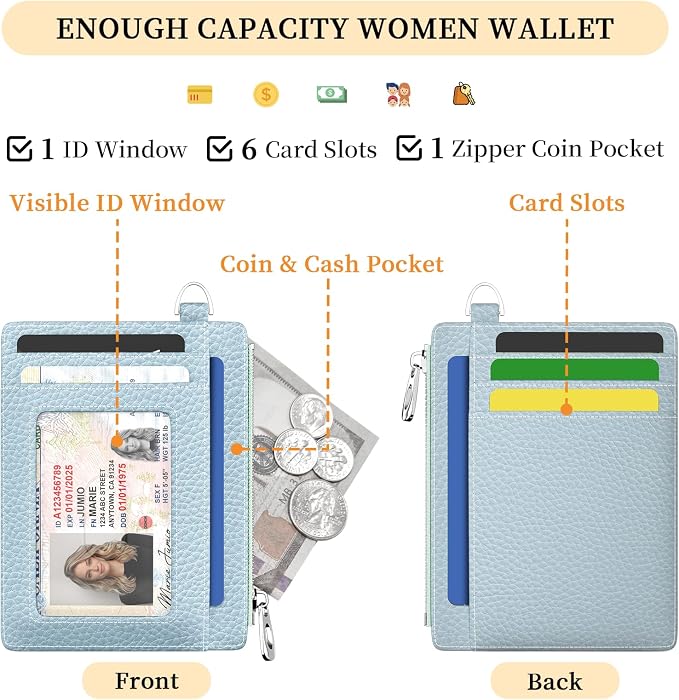 Hancynir Minimalist Slim Wallet Women Credit Card Holder, RFID Small Cute | Zipper Pocket Wallet, Thin Travel Coin Purse, Ladies Women Gifts, Key Chain Card Case, 6 Card Slots, ID Window, PU Leather