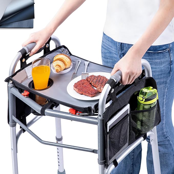 BAGSFY Walker Tray w/Side Pocket for Folding Walkers – Walker Accessory for Seniors with Cup Holder, Non-Slip Mat, and Easy Installation – Universal Fit Walker Table for Meals, Drinks, Reading