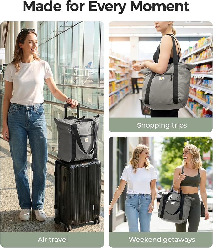 Foldable Travel Bag, 26L Lightweight Weekender Duffel, Expandable Second Carry-On Bag for Travel & Shopping, Water-Resistant Personal Item Bag, Gray