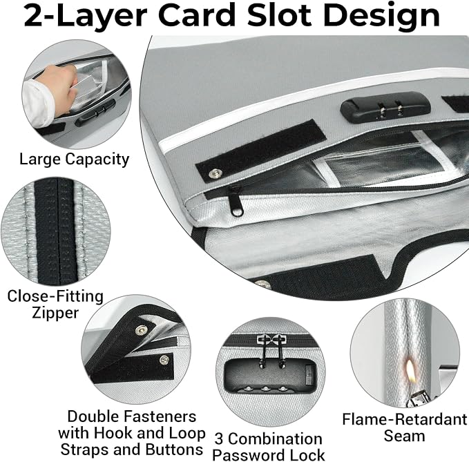 6200°F Fireproof Document Bag with Lock, 11.4 x 8.3 Inch Fire Proof Bag for Documents, Fire Proof Money Bags with Zipper Envelope, Water Resistant Fireproof Pouch Cash for Envelope Silver