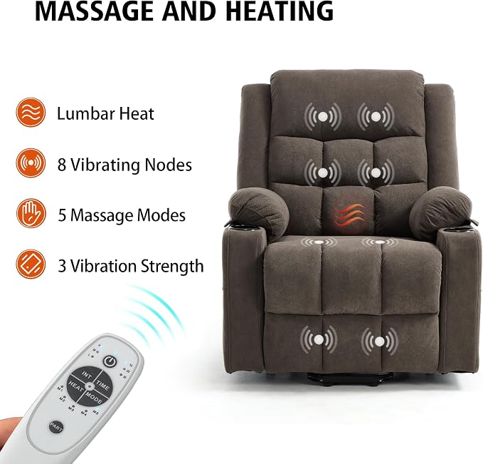 Ketaiyou Electric Power Lift Recliner Chair Sofa with Massage and Heat for Elderly, USB and Type-C Ports, Cup Holders, Infinite Position (Brown1, Regular)