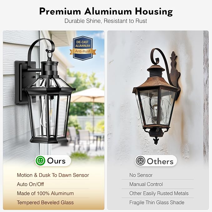 VIANIS Motion Sensor Outdoor Wall Lights, Dusk to Dawn Exterior Light Fixtures Wall Mount, Waterproof Modern Black Outside Front Porch Light, Anti-Rust Aluminum Outdoor Wall Sconce for House Garage