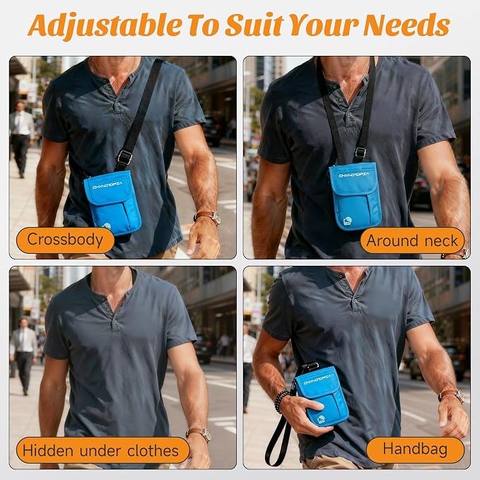 Neck Wallet & RFID Blocking Passport Holder for Travel – Waterproof Hidden Travel Wallet with Card Slots, Adjustable Strap, Portable Document Organizer for Men, Women (Gift) Sky Blue