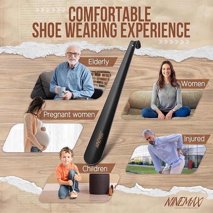 NINEMAX Shoe Horn Long Handle Metal 16.5" for Boot, Long Shoe Horns for Seniors for Men, Women