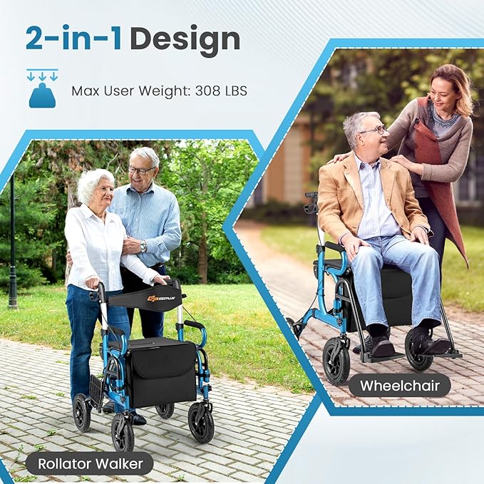 Goplus Walkers for Seniors with Seat, 2 in 1 Folding Rolling Rollator Walker & Wheelchair Combo with Brakes, 9" Pneumatic Tires for All Terrain, Aluminum Adult Mobility Walking Aid