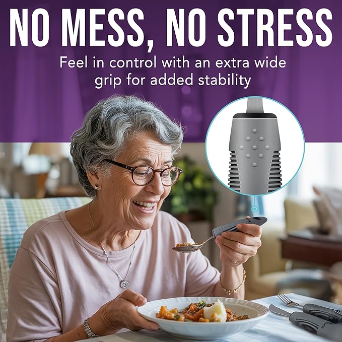 BUNMO Adaptive Utensils for Elderly, Arthritis, Weak Hand Grip & Handicapped - 4 Piece Set - Convenient Travel Pouch - Lightweight - Arthritis Gifts for Seniors Over 80 - Gifts for Disabled Adults