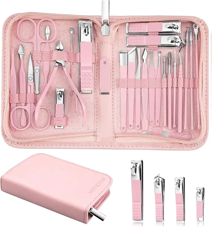 MINKINH 26-Piece Manicure Set for Women, Pink At-Home Nail Care Kit | Carbon Steel Nail Clippers, 410 Stainless Steel Tools, PU Organizer Case for Pedicure, Cuticle, Facial and Daily Self-Care