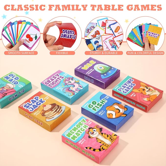 Zubebe 70 Pack Kids Card Games Gifts Bulk Classic Playing Card Game Set for Kids Includes Go Fish, Old Maid, Crazy Eights, Memory Match, Slap Jack, Playing Toy for Party Favors (Classic)