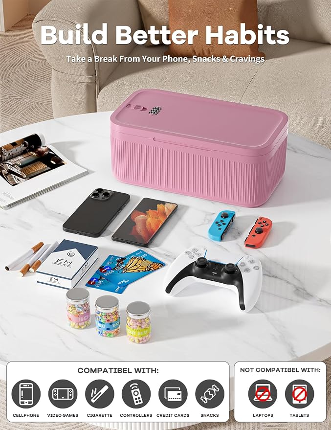 Small Lock Box for Medication Safe, Lockbox for Phone Jail, Medicine Lockable Storage Box with Code for Pills/First Aid Kits, Locked Food/Snack Box Container for Home/Fridge/Office (Pink)