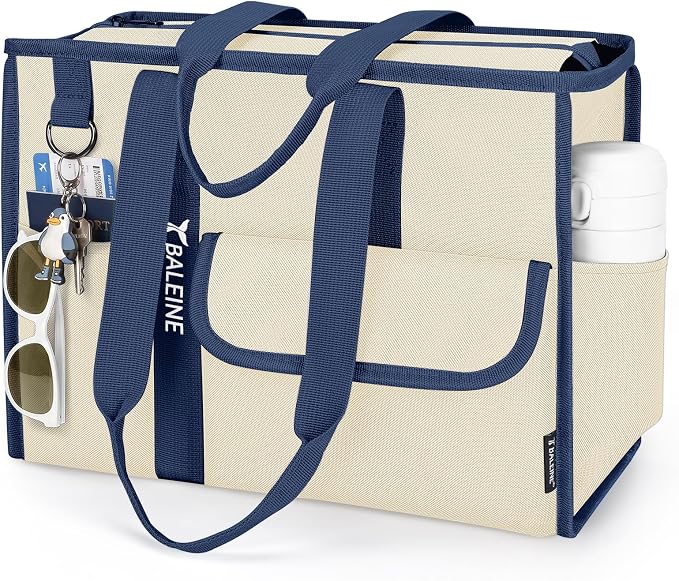 BALEINE Large Utility Tote Bag with Reinforced Bottom, Multi Pockets Foldable Tote Bag for Nurse, Travel, Work