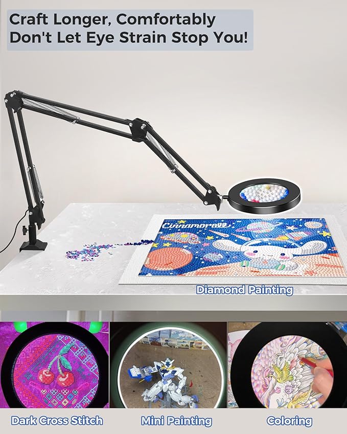 NOEVSBIG Magnifying Glass Desk Lamp with 3-Section Swing Arm and Big Clamp, Magnifying Glass with Light and Stand, 10X Wide Desk Magnifier Light for Reading/Office/Crafting/Close Work