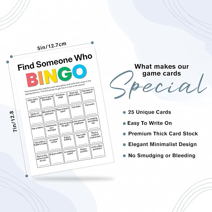 Find Someone Who Bingo Cards, 25 Unique Randomized 5x7 Sheets, Get to Know You Bingo Game for Adults, Ice Breaker Office Party Games, Team Building Games for Work, High Replay Value - A03