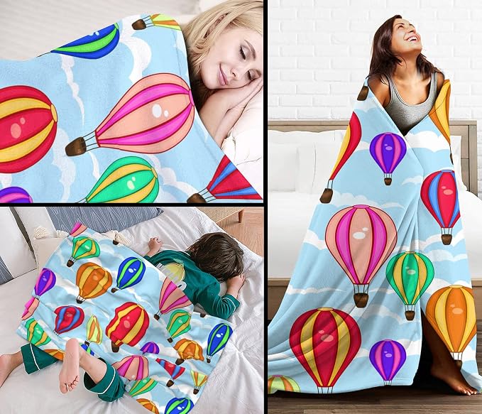 Cartoon Hot Air Balloon Blanket 60"x80" - Ultra Soft Flannel Throw for Adults & Kids - Playful Cloud & Balloon Print - Lightweight Plush Blanket for Bed, Sofa & Home Decorations