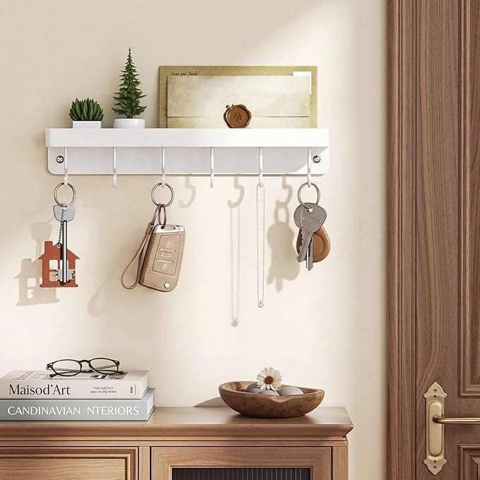 niffgaff White Key Holder Wall Mount, Stainless Steel Self Adhesive Hooks Rack with Shelf, No Drill Key Hanger for Door and Wall