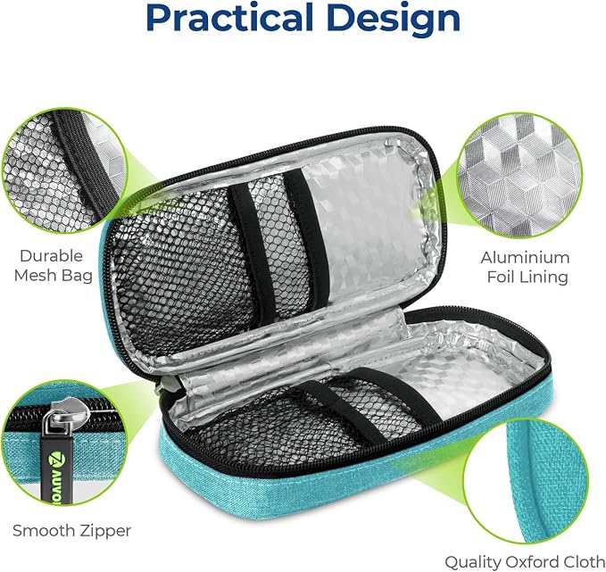 AUVON Insulin Cooler Travel Case, Diabete Care, 2x90g TSA-Approved Ice Pack | Diabetic Medication Insulated Cooling Bag for 2 Insulin Pens and Diabetic Supplies Storage, Compact for Daily Life and Trips