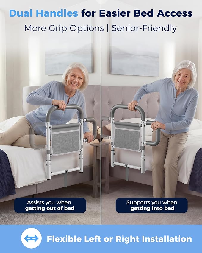 ONTHEWEI Bed Rails for Elderly Adults Safety, Bed Cane with Double Non-Slip Handle & Storage Pouch, Bed Assist Rails for Seniors and Post-Surgery Reduce Falls & Support Independence, Fits Most Bed
