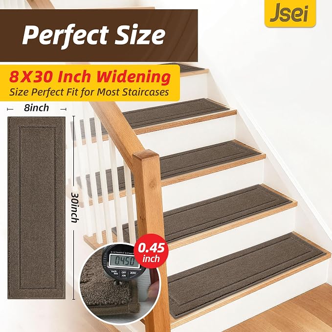JSEI Stair Treads for Wooden Steps Indoor, 15-Pack, 30" x 8", Light Brown | Non Slip Stair Treads, Washable Polyester Stair Mats with TPE Backing, Low Profile Stair Rugs for Kids, Seniors and Dogs