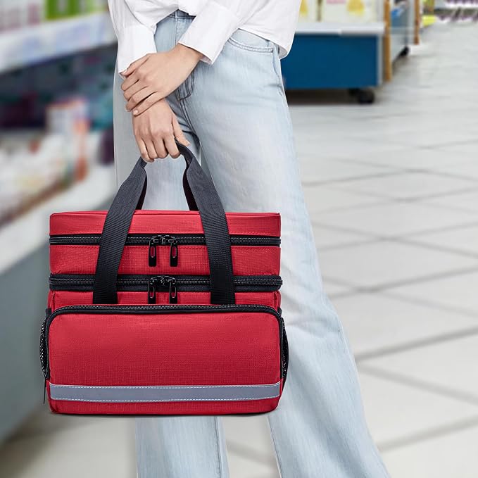 CURMIO Double Layers Pill Bottle Organizer, Medicine Storage Case, Red | Emergency Medical Supplies for Home Care, for First Aid Kits, Multifunctional Bag, Home Storage, Dormitory, Travel, Empty Bag