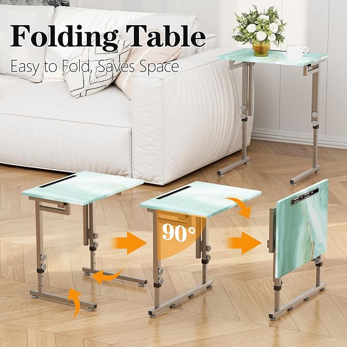 Folding Tv Tray Table,6 Height Adjustable Dinner Snack Slide Under Couch Side Table, Portable Foldable C-Shaped End Table for Eating with Sturdy MDF Top,No Assembly(Sea Blue+Silver)
