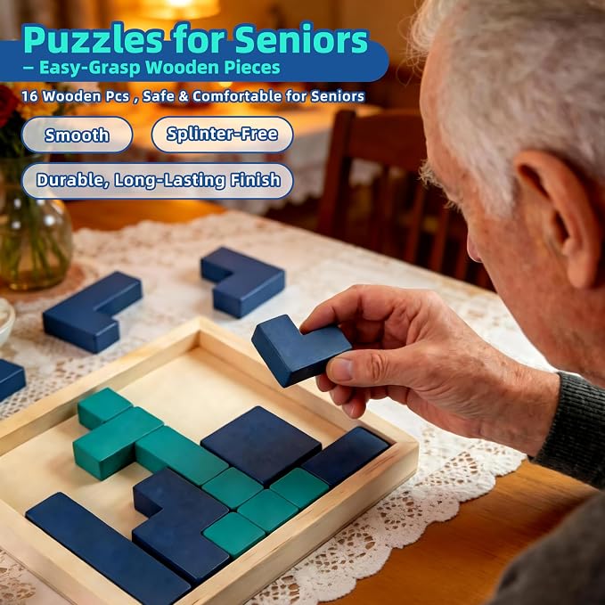 Wooden Puzzle, Memory Care Dementia & Alzheimer’s Seniors w/Storage Tray | 60 Graded Cognitive Support Levels, Easy-Grasp Wood Blocks, Multi-Use Sensory Fidget Tray for Home & Facility Memory Care