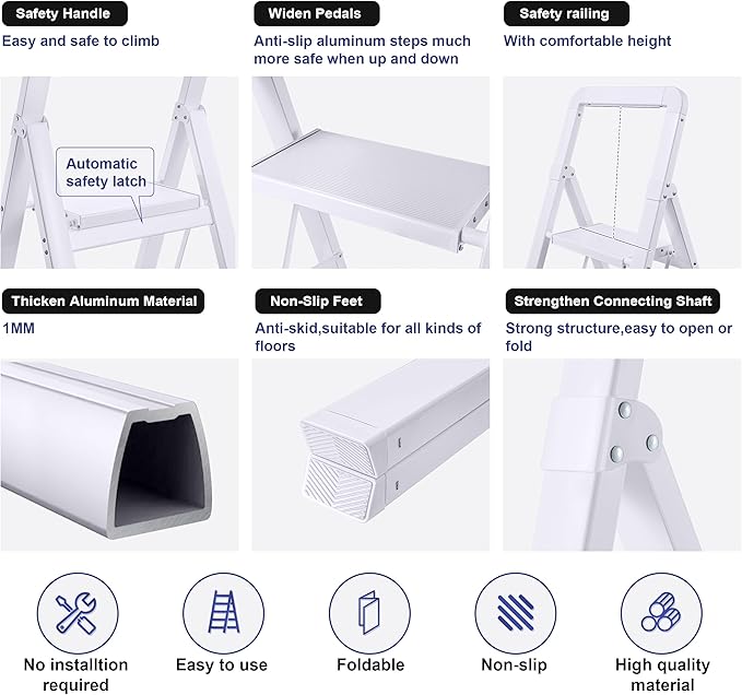 Step Ladders Folding 2-Step White Finish Aluminum Foldable Step Stool,Anti-Slip Portable Sturdy for Home & Kitchen Office 330 lbs