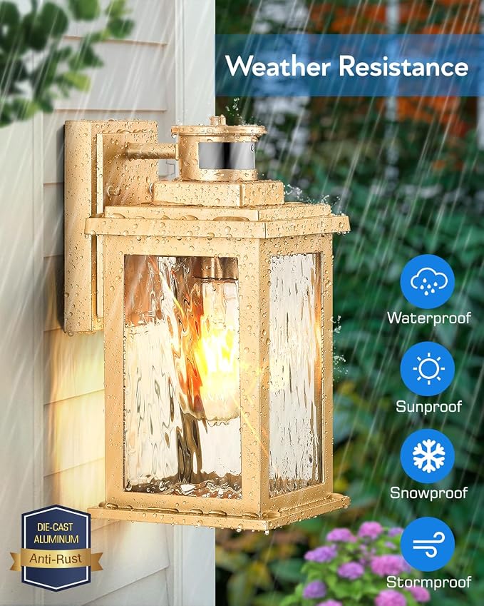 VIANIS Gold Motion Sensor Outdoor Lights Lantern, Exterior Lights for House | UL Listed, Dusk to Dawn Anti-Rust Porch Lights Sconce, Garage Lights Wall Mount for Patio, Doorway, Fade-resistant, 2 Pack
