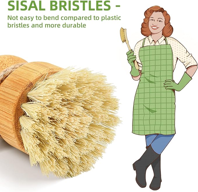 SUBEKYU Bamboo Dish Scrub Brush,Produce Brush,3 Pack with Ceramic Holder | Vegetable Brush,Natural Sisal Bristles,Kitchen Wooden Cleaning Scrubbers Set