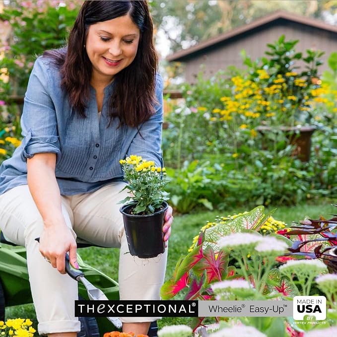 TheXceptional Wheelie Easy-Up EX530 Rolling Garden Stool & Cart with Wheels | Ergonomic rolling garden seat & scooter with Easy-Up handles for seniors. Made in USA by Vertex. 360° swivel, 10" wheels.