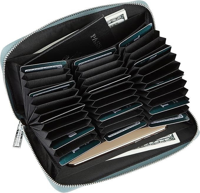Women 36 Slots RFID Blocking Card Holder Large Long Leather Zipper Organizer Accordion Wallet,Sky Blue