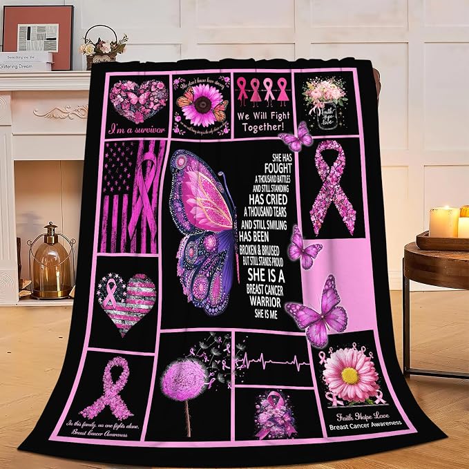 Breast Cancer Awareness Blanket Chemo Pink Ribbon Flannel Plush Throw Blanket Cozy Inspirational Warrior Decor Fleece Stuff Blanket Gifts for Lover Girls Boys Kids Adults Women Bed Travel 60"x80"