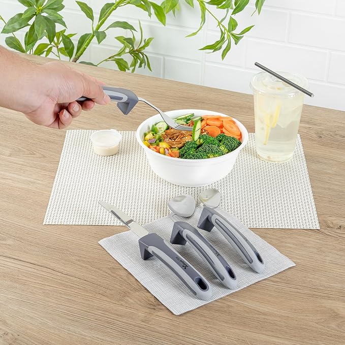 Restaurantware Adaptive Cutlery Set - 1 Set 9.84 x 5.12 x 1.57 Inches - Non-Slip Ergonomic Dining Utensils With Textured Handle - Stainless Steel Gray