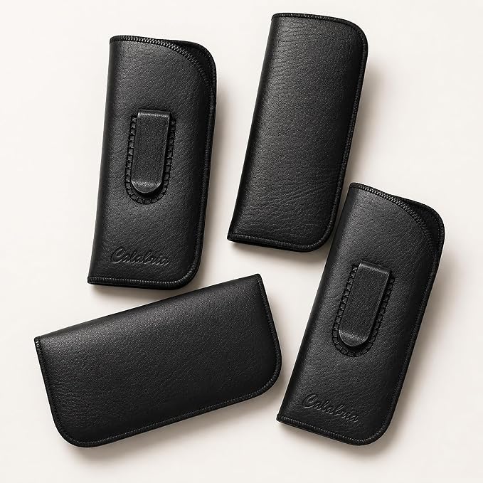 Calabria Slim Eye Glasses Case w/Clip Soft PU Leather Black Men Women Eyeglasses Pouch Slip-In Eyewear Holder Sunglass Bag - 12PACK