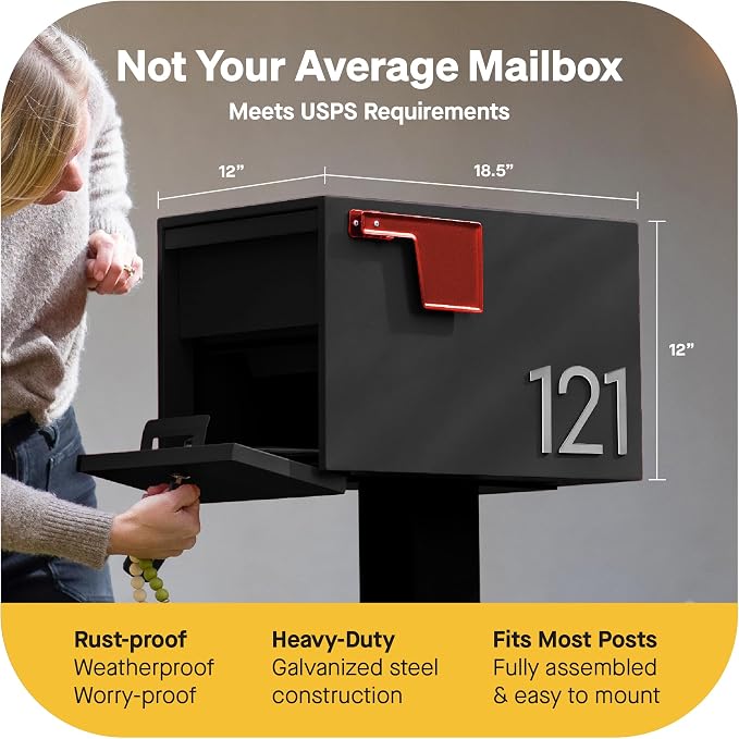 Adoorn Lockable Post Mount Mailboxes for Outside - Small Anti-Theft Locking Mailbox for Packages and Letters - Weatherproof Construction - Durable Steel - 12" H x 12" W x 18.5" D - Black