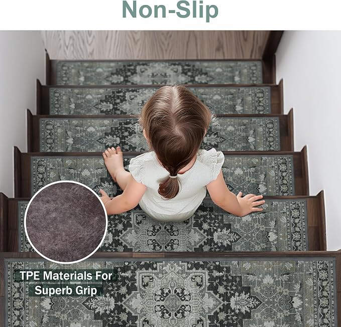 sarben 8"x30" Non Slip Stair Treads for Wooden Steps 15Pk,Black ForestGreen | Peel and Stick Carpet Stair Runner with TPE Adhesive Backing, Carpet for Added Safety, Pet and Senior Friendly