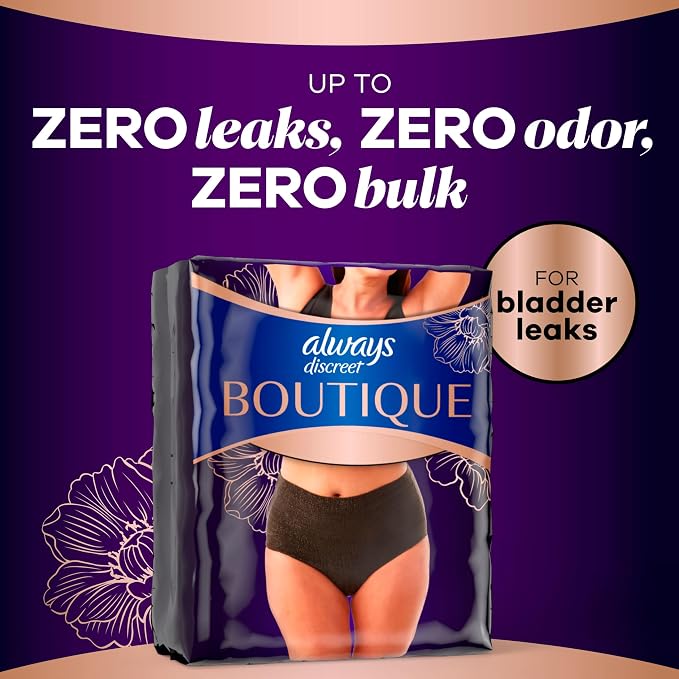 Always Discreet Boutique Incontinence and Postpartum Underwear for Women, Maximum Protection, Small/Medium, Black, 12 Count