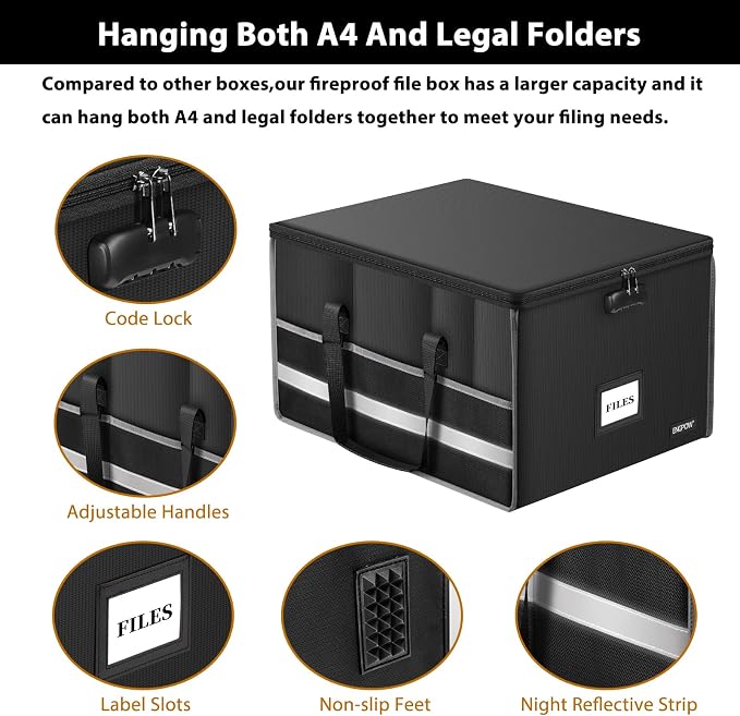 ENGPOW Fireproof File Box with Lock, Document Storage Organizer Box with Inserts and Mesh Pockets